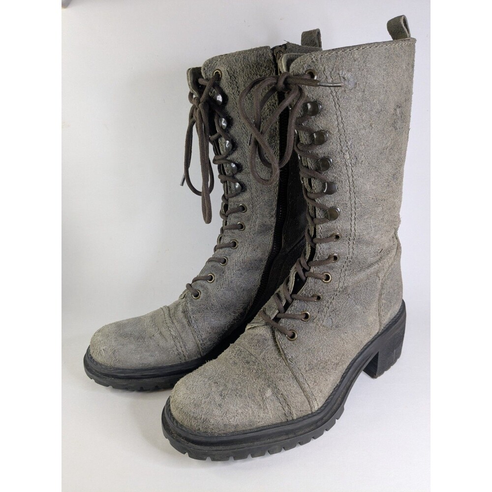 Esprit Women's 8.5 Gray Distressed Combat Boots Lace Up Side Zip Lug Sole Retro